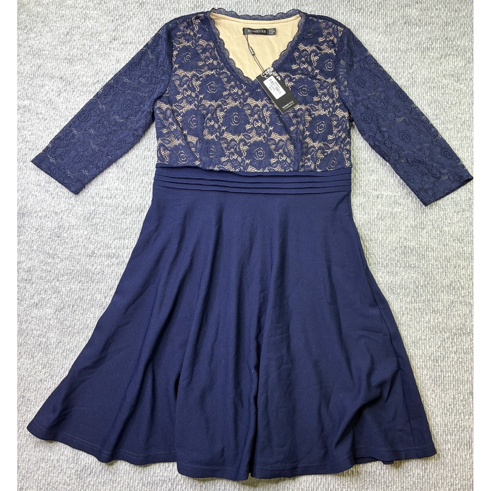 HOMEYEE Navy Blue Floral Lace V Neck Fit Flare Dress XL NWT A186 Cocktail Party